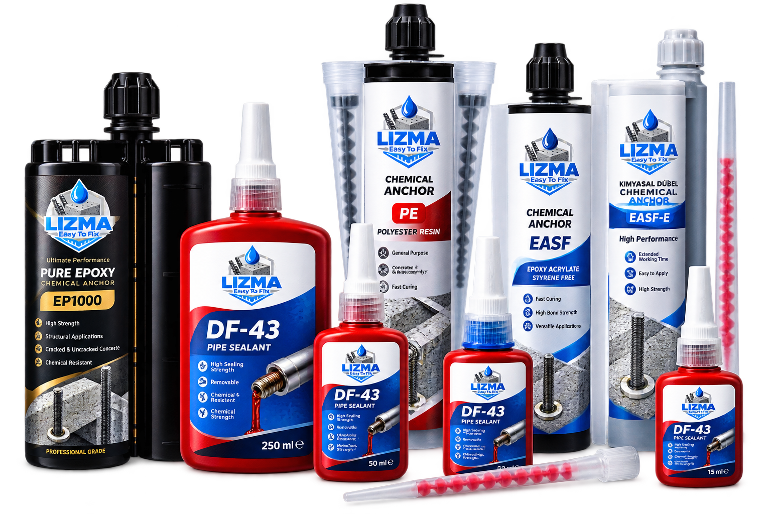 LIZMA chemical anchor range — EP1000 pure epoxy, PE polyester resin, EASF and EASF-E epoxy acrylate cartridges and DF-43 pipe sealant